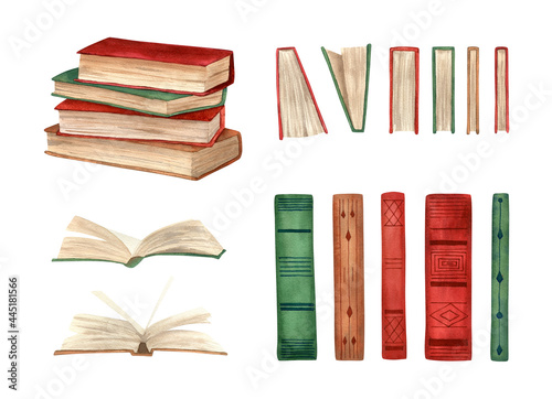 Watercolor books set. Watercolor illustration with stack of books, unfolded book, books spine and spread for libraries decor, back to school design, knowledge day cards