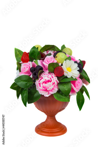 Wallpaper Mural A vase with handmade soap in the shape of flowers raspberries blackberries and pears on a white background. Isolated Torontodigital.ca