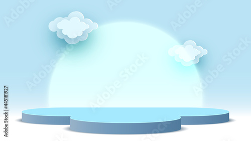 Blank blue podium with clouds. Pedestal. Products display platform. Exhibition stand. Vector illustration.