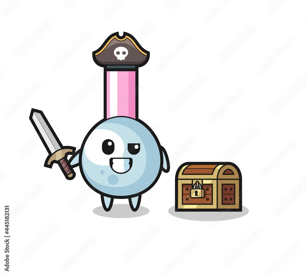 the cotton bud pirate character holding sword beside a treasure box
