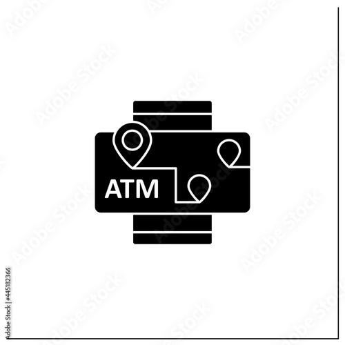 ATMs mobile map glyph icon. Location automated teller machine.Marker with ATM cashpoint bank. GPS locations. Online mobile banking service.Filled flat sign. Isolated silhouette vector illustration