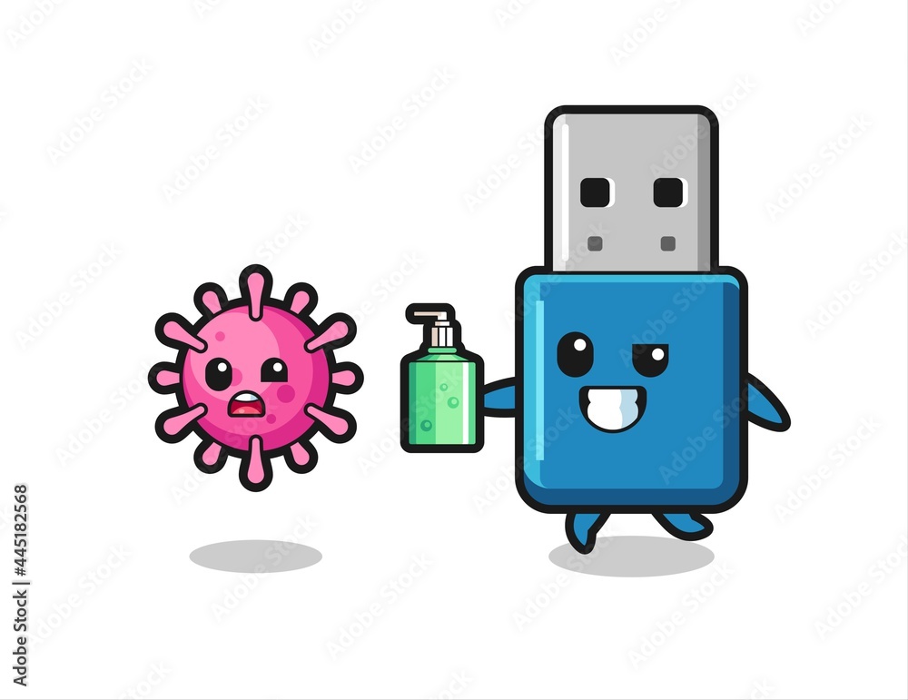 Vektorová grafika „illustration of flash drive usb character chasing evil  virus with hand sanitizer“ ze služby Stock | Adobe Stock