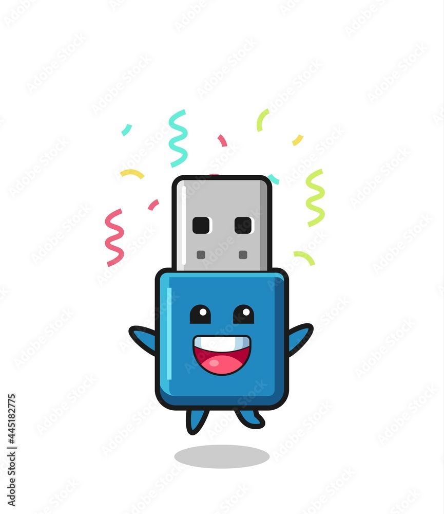 Fototapeta premium happy flash drive usb mascot jumping for congratulation with colour confetti