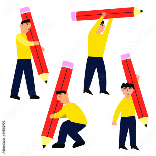 Men hold and carry big pencils. Vector illustration on white background. 