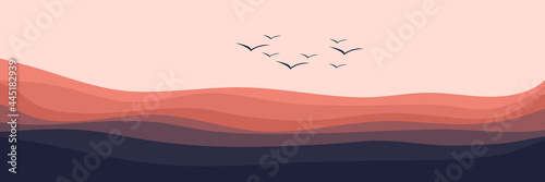 bird silhouete in mountain landscape vector illustration for background, wallpaper, backdrop, web banner, design template and tourism design template