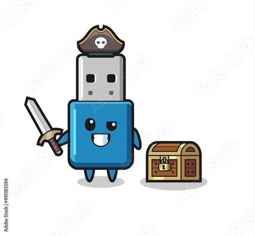 the flash drive usb pirate character holding sword beside a treasure box