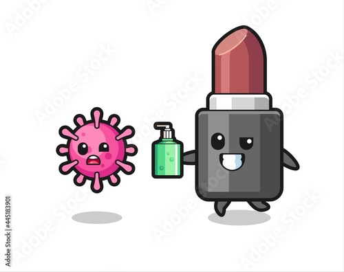 illustration of lipstick character chasing evil virus with hand sanitizer