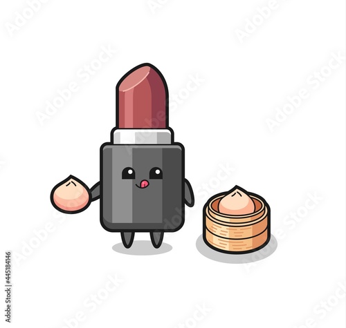 cute lipstick character eating steamed buns