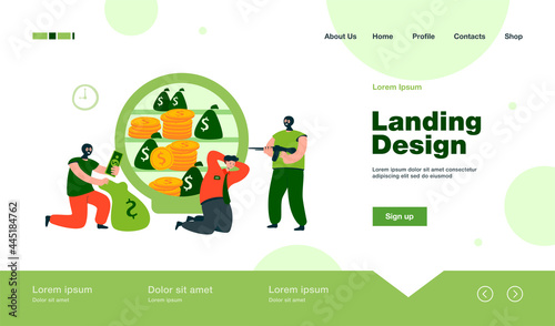 Banking thieves in masks threatening bank workers flat vector illustration. Cartoon robbers taking money from safe. Bank robbery and finance crime concept