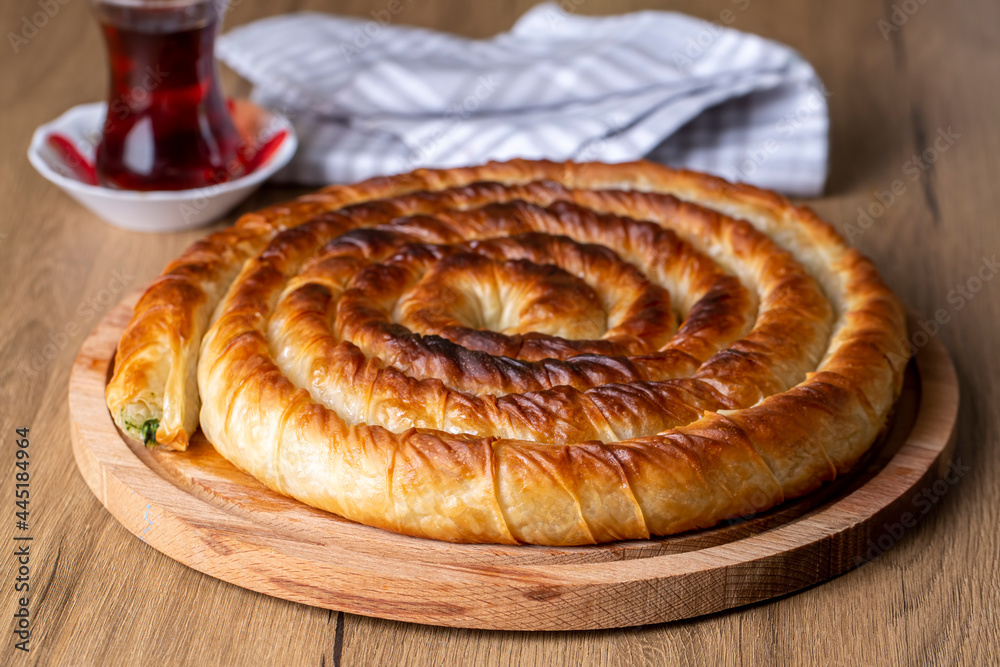 Turkish Tepsi Boregi, Round Borek, Tray pastry (Turkish name; rulo borek) Turkish Tepsi Boregi, Round Borek, Tray pastry (Turkish name; rulo borek)