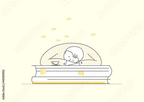 Man sleeping on the books. Intensive study concept. Limited colour flat vector.