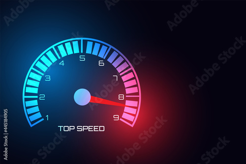 Technology speedometer  isolated on black background. Gas tank gauge. Oil level bar. Vector illustration flat design. Concept of maximum speed and power photo