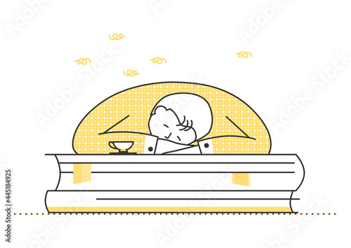 Man sleeping on the books. Intensive study concept. Limited colour flat vector.