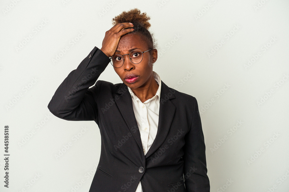 Young business african american woman isolated on white background tired and very sleepy keeping hand on head. Young business african american woman isolated on white background tired and very sleepy keeping hand on head.