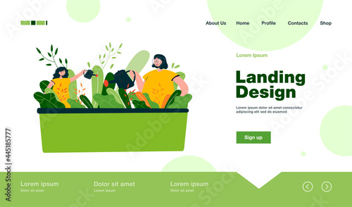 Mother and daughter watering plants in garden. Woman and girl with watering cans pouring water on flowers flat vector illustration. Family, gardening concept for banner, website design or landing page