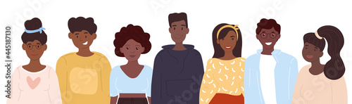 Black community concept, cute african people gathered together, set of young male and female characters with different hairstyles and wearing casual clothes. Flat cartoon vector illustration