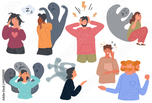 People with mental health problems and psychological disorders. Insomnia, schizophrenia, anxiety, bipolar, panic attacks. Set of colored flat cartoon vector illustrations isolated on white background