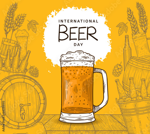 International Beer Day illustration vector design with hand drawn element isolated on orange background can be use for party, celebration and festival