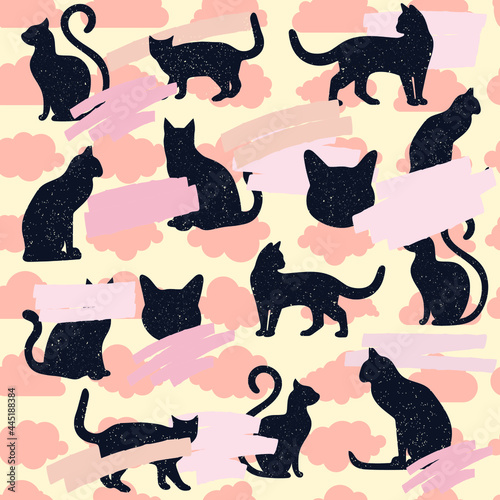 vector seamless pattern with cats, clouds,  marker strokes

