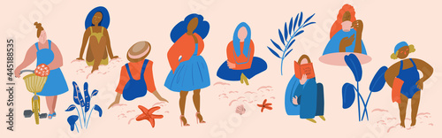 Big set of isolated icons in blue and orange colors. Girl reads book, woman near bicycle, full model woman, girl drinks coffee, women in swimsuits, hats on beach. Vector illustration.