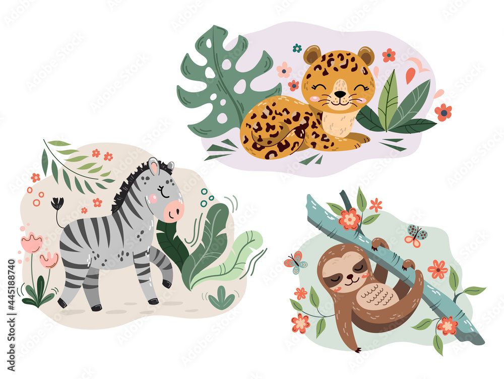 Fototapeta premium Jungle cute cartoon hand drawn animal characters collection. Sloth, jaguar, zebra. Fabric shirt surface design. Set of flat cartoon vector illustrations isolated on white
