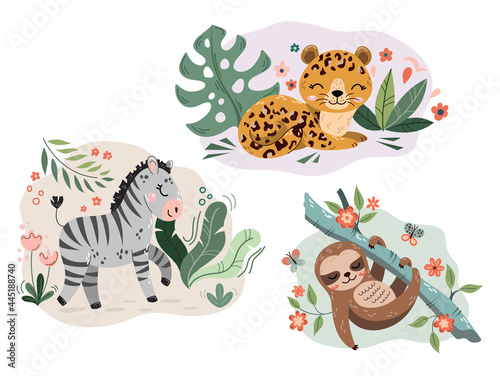 Jungle cute cartoon hand drawn animal characters collection. Sloth, jaguar, zebra. Fabric shirt surface design. Set of flat cartoon vector illustrations isolated on white