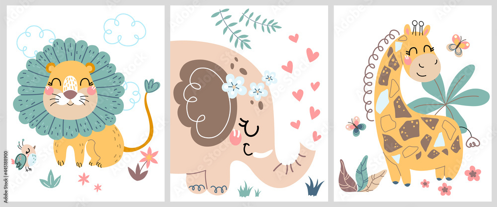 Cute hand drawn posters with a little lion, giraffe, elephant vector prints for baby room, baby shower card, greeting card, kids and baby t-shirts, and wear. Set of flat cartoon vector illustrations - obrazy, fototapety, plakaty 