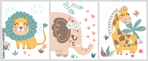 Cute hand drawn posters with a little lion, giraffe, elephant vector prints for baby room, baby shower card, greeting card, kids and baby t-shirts, and wear. Set of flat cartoon vector illustrations