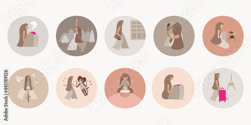 Set of icons, girl dancing, preparing, reading, traveling, doing yoga, riding bicycle, caring for flower. Features. Vector illustration in restrained range, pastel colors.