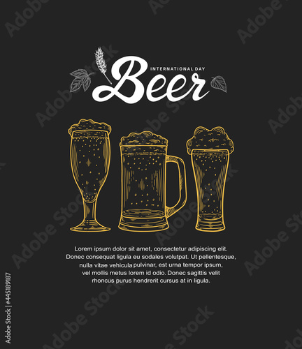 International Beer Day illustration vector design. Beer glass and mug isolated on black background can be use for party, celebration and festival