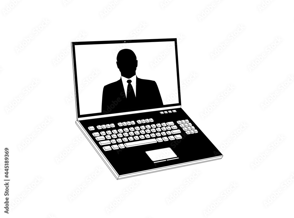 Online conference icon. Businessman on computer screen. Home office in quarantine times. Digital communication. Internet education media. Online conference icon. Businessman on computer screen. Home office in quarantine times. Digital communication. Internet education media.