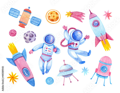 Wallpaper Mural Cute space set with watercolor painted astronauts, planets, stars, comets, meteorite, rockets, satellite, spacecraft isolated on white background. Torontodigital.ca