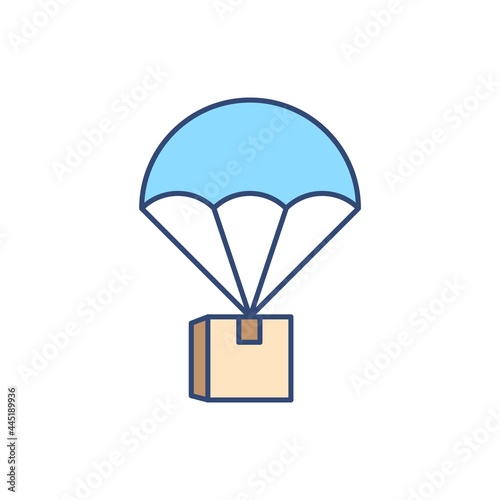 Parcel by parachute flat line icon. Vector illustration