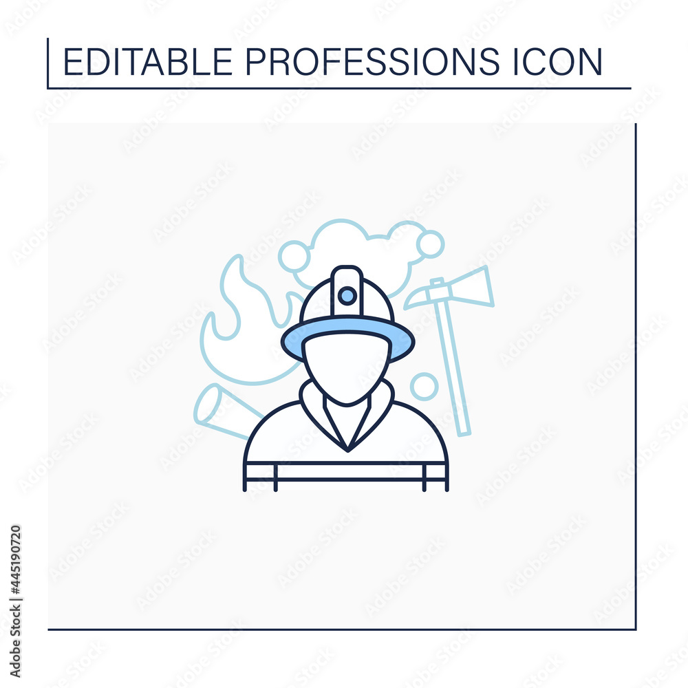 Fireman line icon. Firefighter. Man put out fires, rescue people.Dangerous job.Professions concept. Isolated vector illustration.Editable stroke