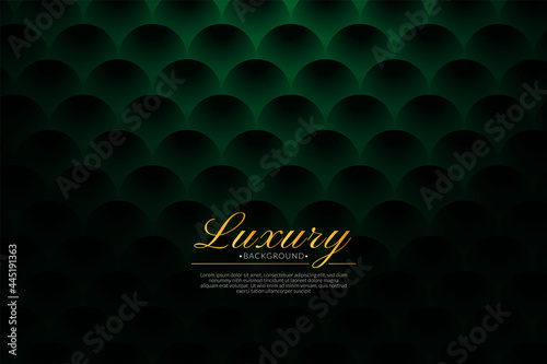 Abstract geometric pattern luxury dark green with gold text. Vector fish scale and shining background.