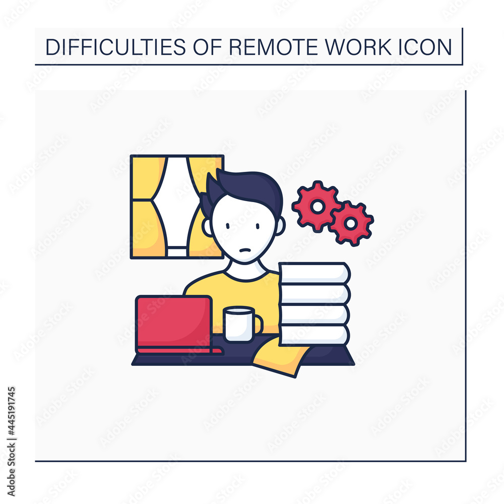 Remote work color icon. Working too much. Overworking. Work activities beyond capacity.Career difficulties concept. Isolated vector illustration