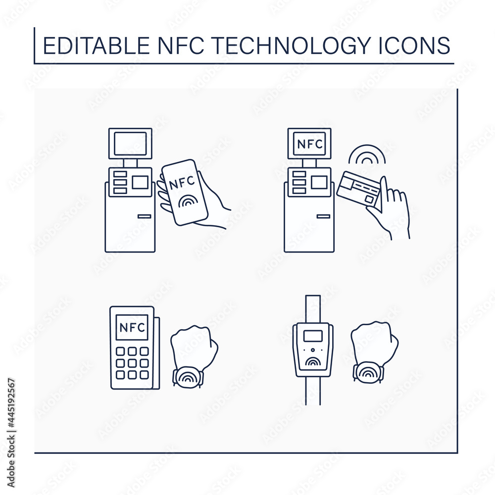 NFC technology line icons set. Safety payment system on smart watch or mobile phone. Near Field Communication. Contactless payment concept. Isolated vector illustration. Editable stroke