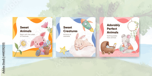 Banner template with adorable animals concept,watercolor style