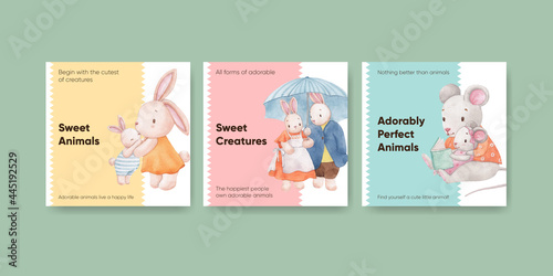 Banner template with adorable animals concept,watercolor style