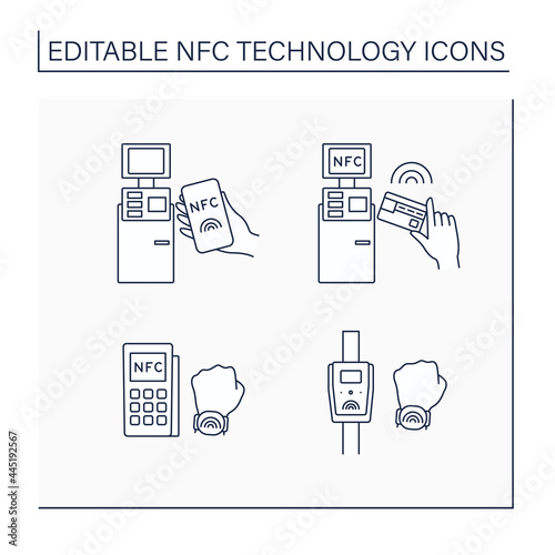 NFC technology line icons set. Safety payment system on smart watch or mobile phone. Near Field Communication. Contactless payment concept. Isolated vector illustration. Editable stroke