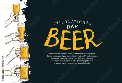 International Beer Day illustration vector design with hand holding glass and mug of beer isolated on black background can be use for party, celebration and festival