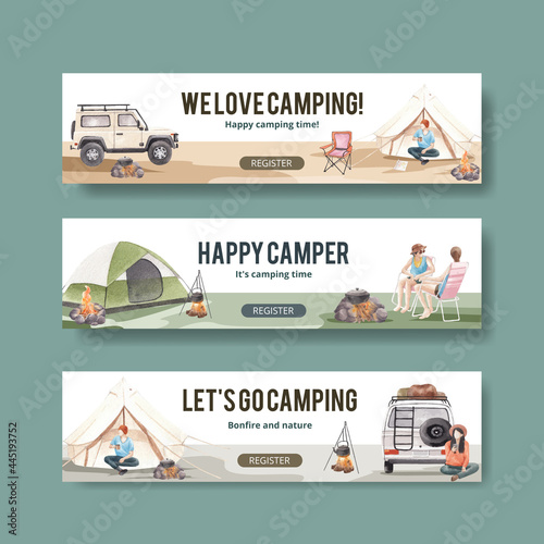 Banner template with happy camper concept,watercolor style