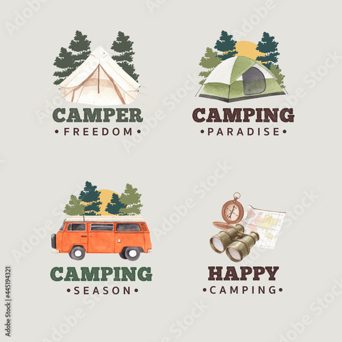 Logo design with happy camper concept,watercolor style