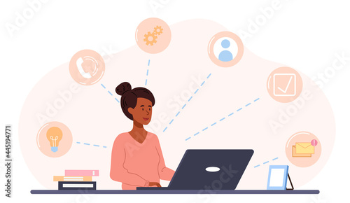 Freelance worker concept. A woman sits at a desk and performs several tasks at the same time. Multitasking and time management at remote work. Cartoon flat vector illustration on a white background