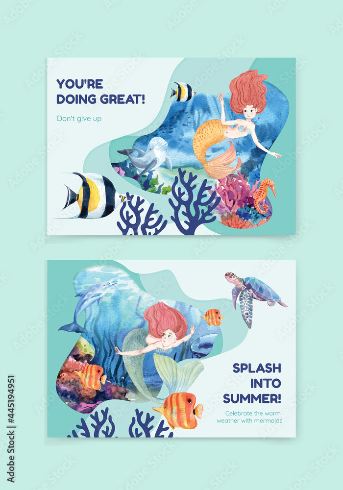 Card template with mermaid concept,watercolor style