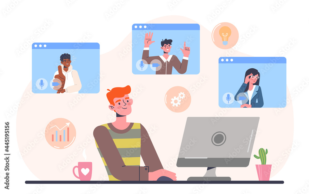 Telecommuting concept. The man is sitting at home and communicating with colleagues via video link. Remote work, satisfied employees. Cartoon flat vector illustration isolated on a white background Telecommuting concept. The man is sitting at home and communicating with colleagues via video link. Remote work, satisfied employees. Cartoon flat vector illustration isolated on a white background