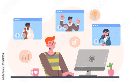Telecommuting concept. The man is sitting at home and communicating with colleagues via video link. Remote work, satisfied employees. Cartoon flat vector illustration isolated on a white background