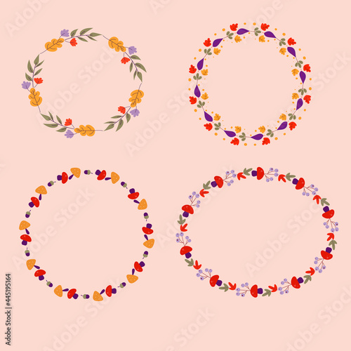  A set of autumn frames in round shape with leaves, flowers and mushrooms in yellow, green, bard, pink.