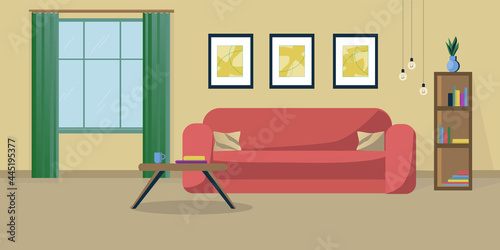 Illustration of a living room with a sofa and a coffee table