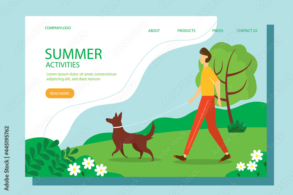 Man walking with the dog in the Park. Landing page, concept illustration for healthy lifestyle, outdoor activities.